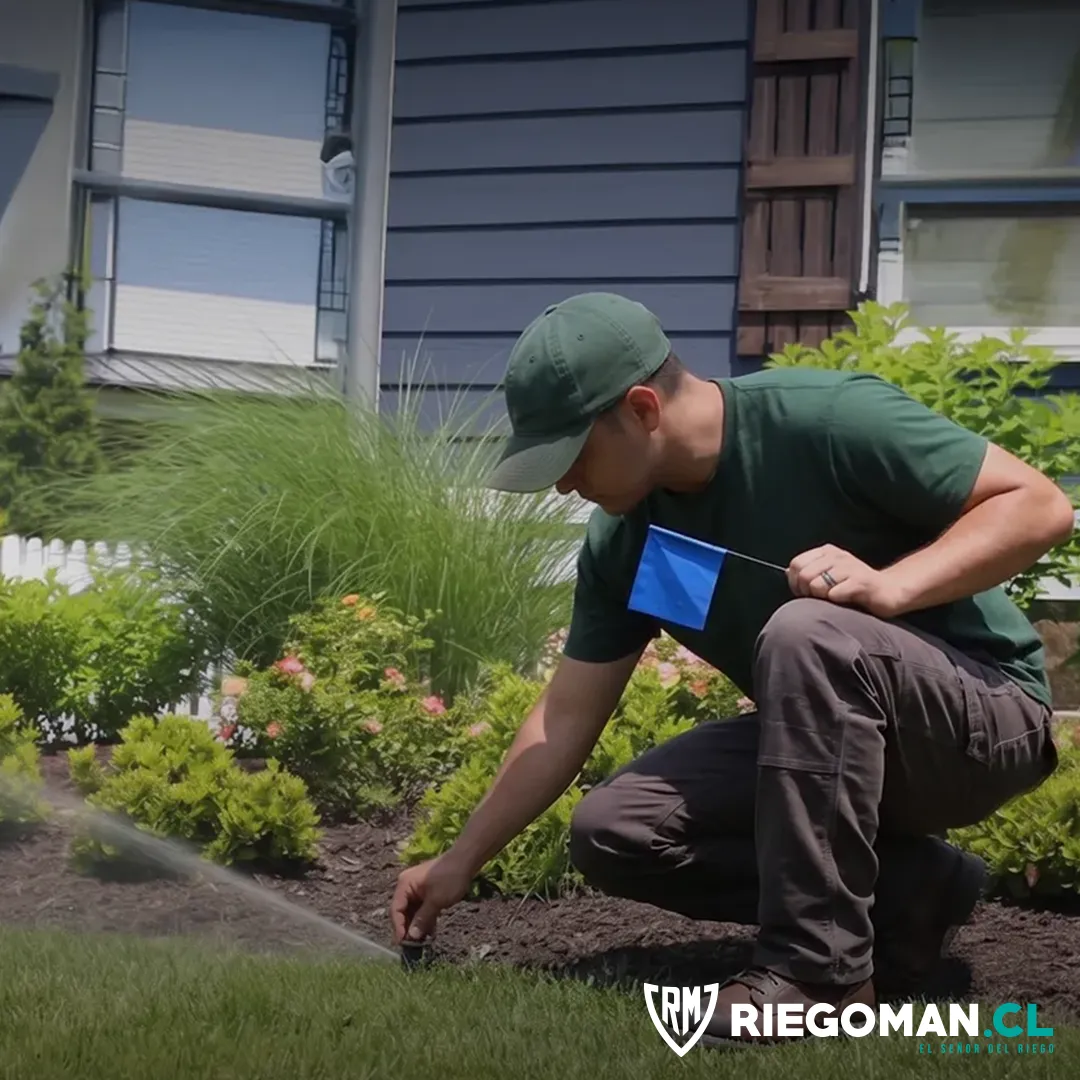 Técnico de RiegoMan ajustando un aspersor emergente en el jardín de una casa